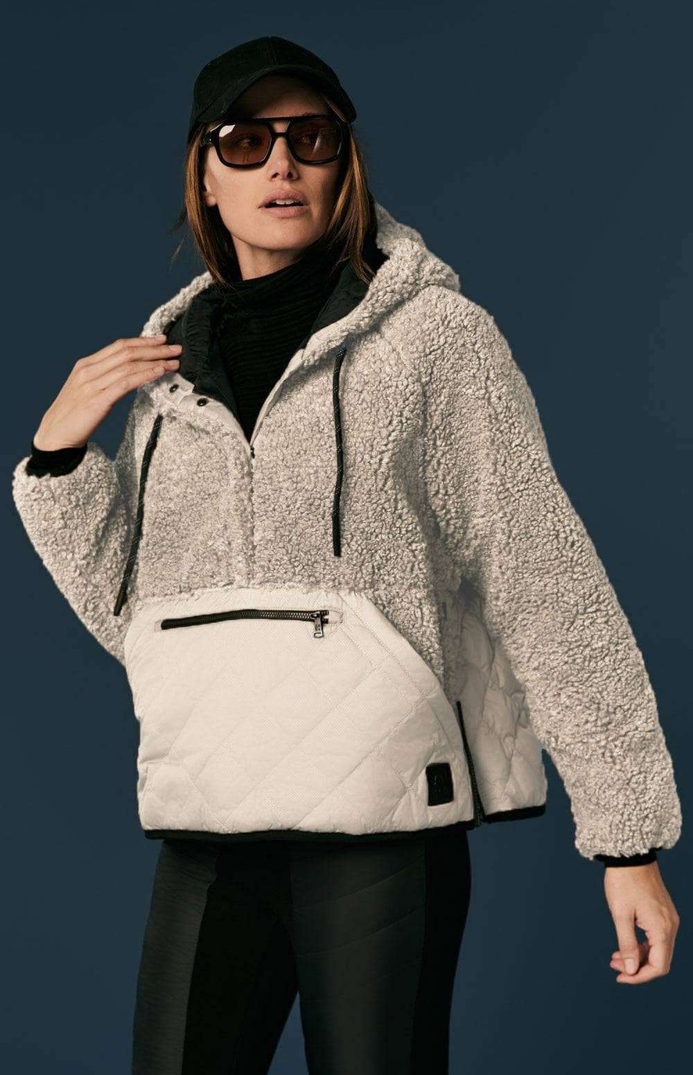 Alpine Pullover Jacket by Alp N Rock, Women's Beige Shearling Jacket With Hood, Quilted Bottom and Front Pocket