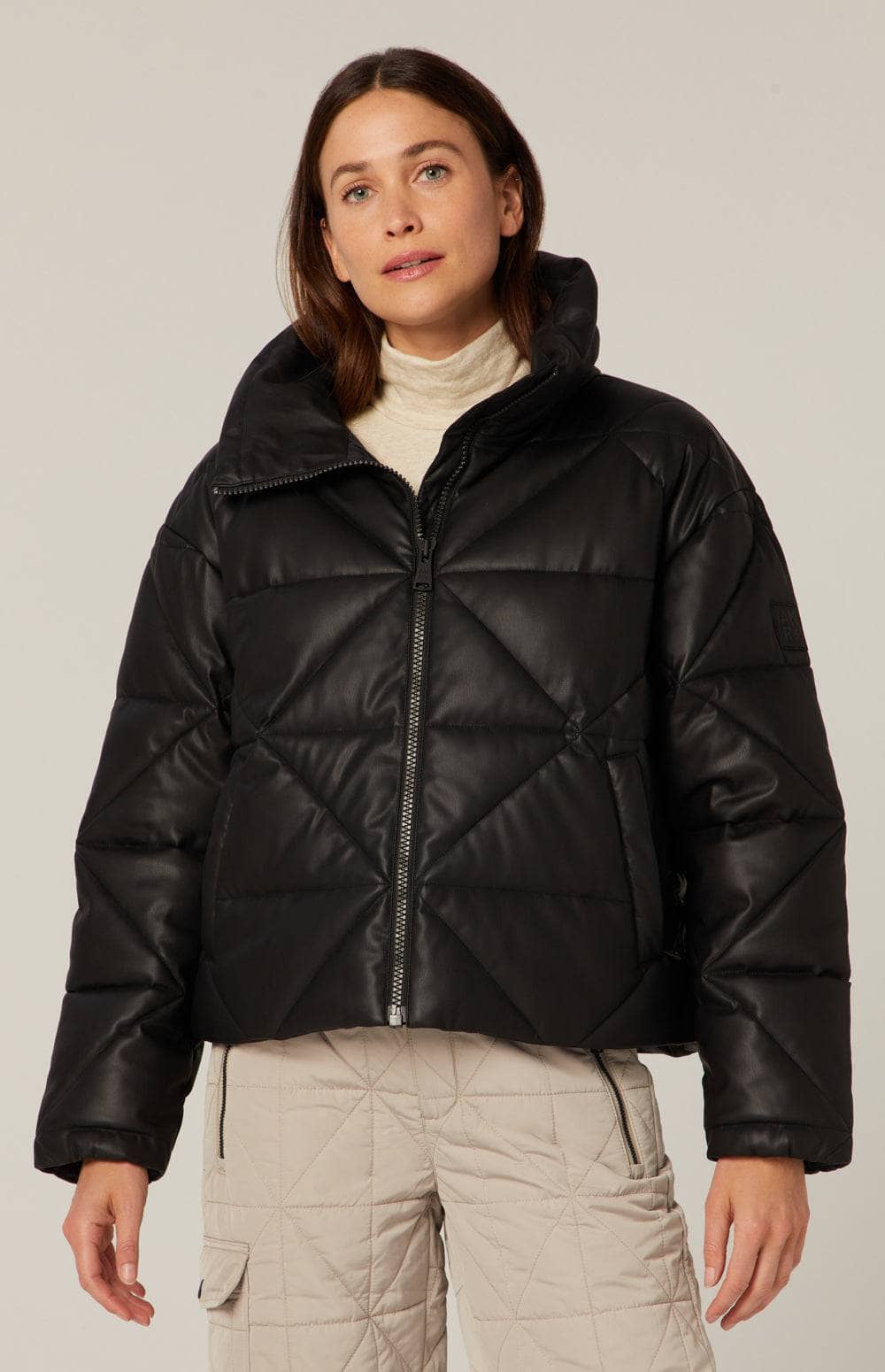 Alta Puffer Jacket by Alp N Rock, Women's Black Faux Leather Puffer Jacket With Eco-Down Filling