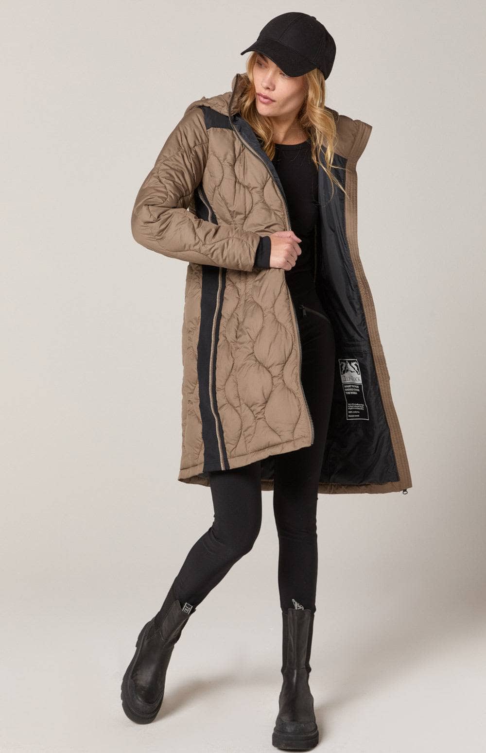 Chamonix Long Jacket by Alp N Rock, Women's Long Brown Puffer Jacket With Hood and Black Accents