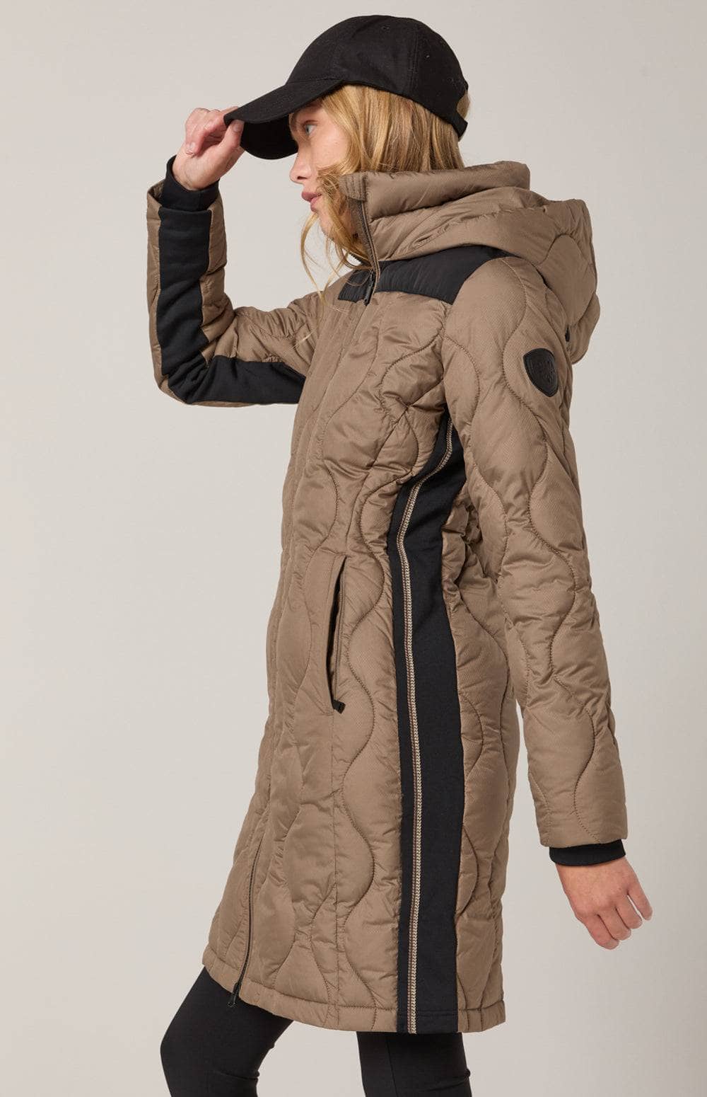 Chamonix Long Jacket by Alp N Rock, Women's Long Brown Puffer Jacket With Hood and Black Accents