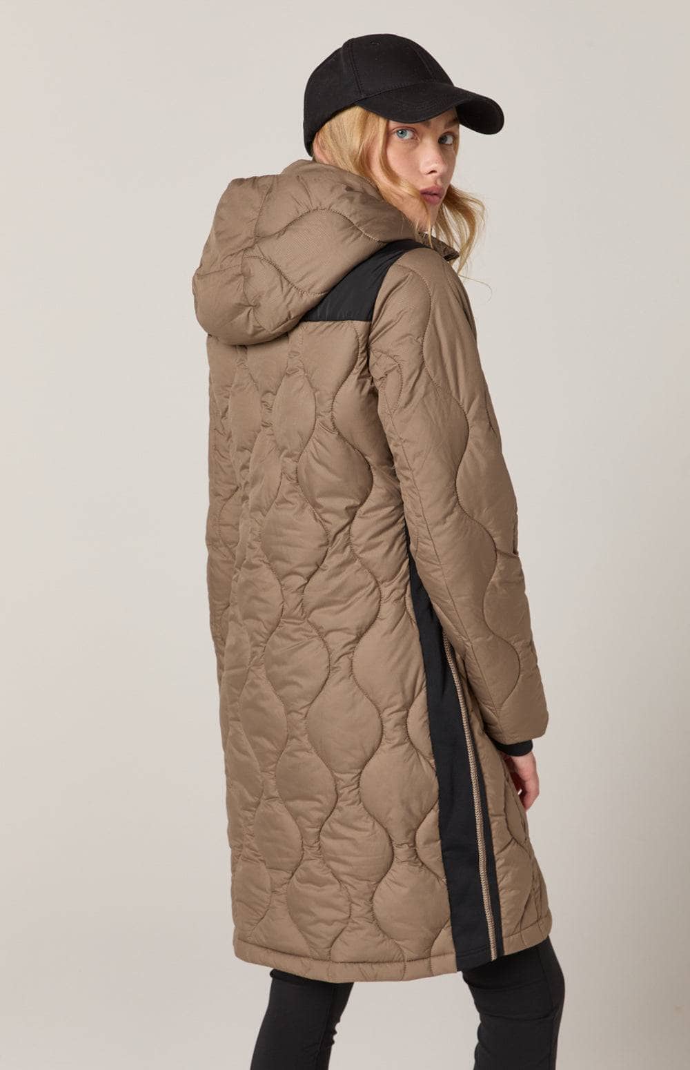 Chamonix Long Jacket by Alp N Rock, Women's Long Brown Puffer Jacket With Hood and Black Accents