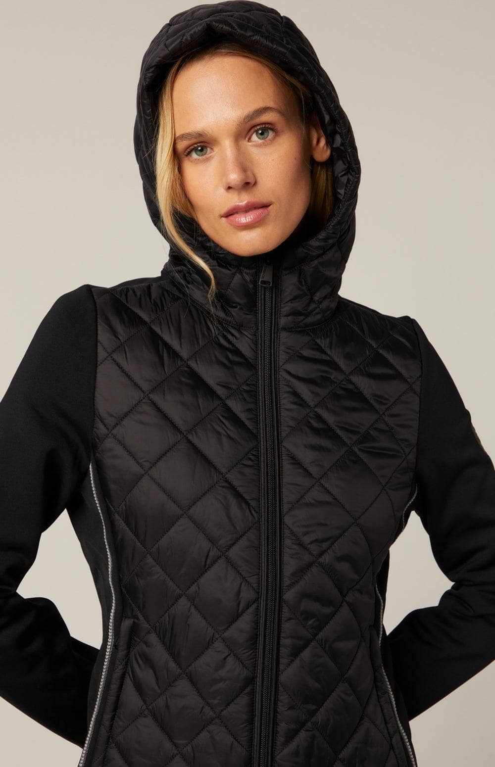 Meadow Hybrid Hoodie Jacket by Alp N Rock, Women's Black Jacket with Black Quilted Front and Hood