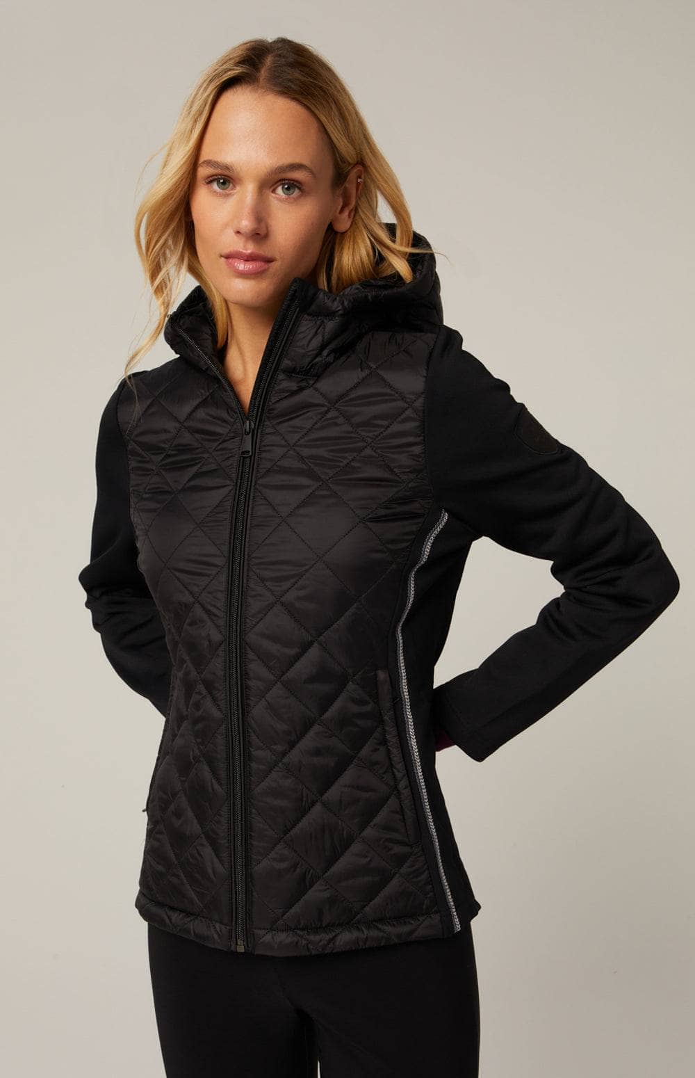 Meadow Hybrid Hoodie Jacket by Alp N Rock, Women's Black Jacket with Black Quilted Front and Hood