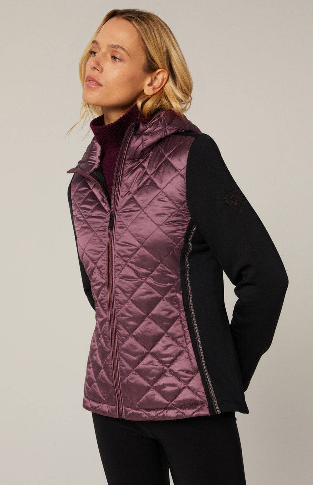 Meadow Hybrid Hoodie Jacket by Alp N Rock, Women's Black Jacket with Mauve Quilted Front and Hood