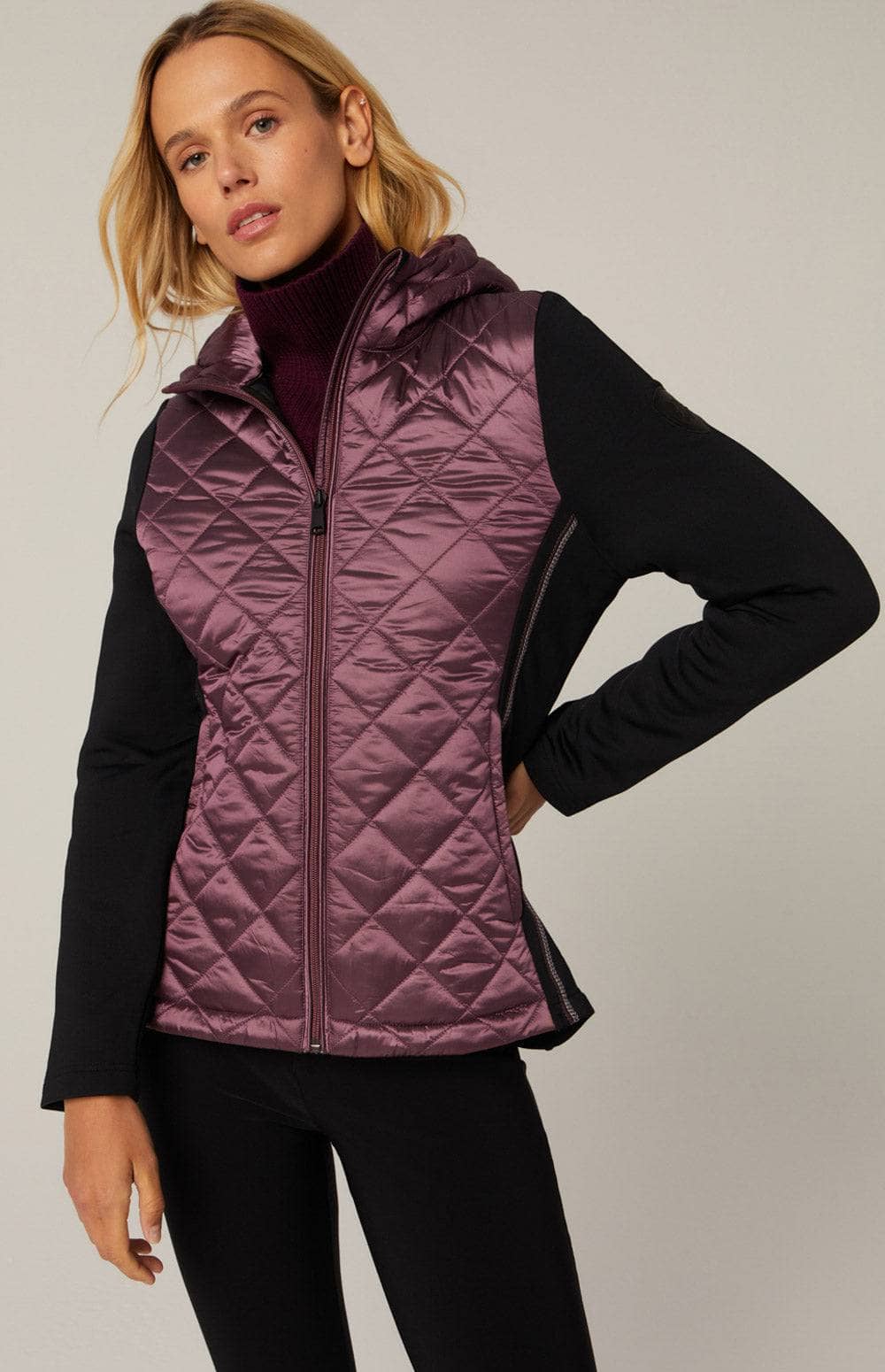 Meadow Hybrid Hoodie Jacket by Alp N Rock, Women's Black Jacket with Mauve Quilted Front and Hood