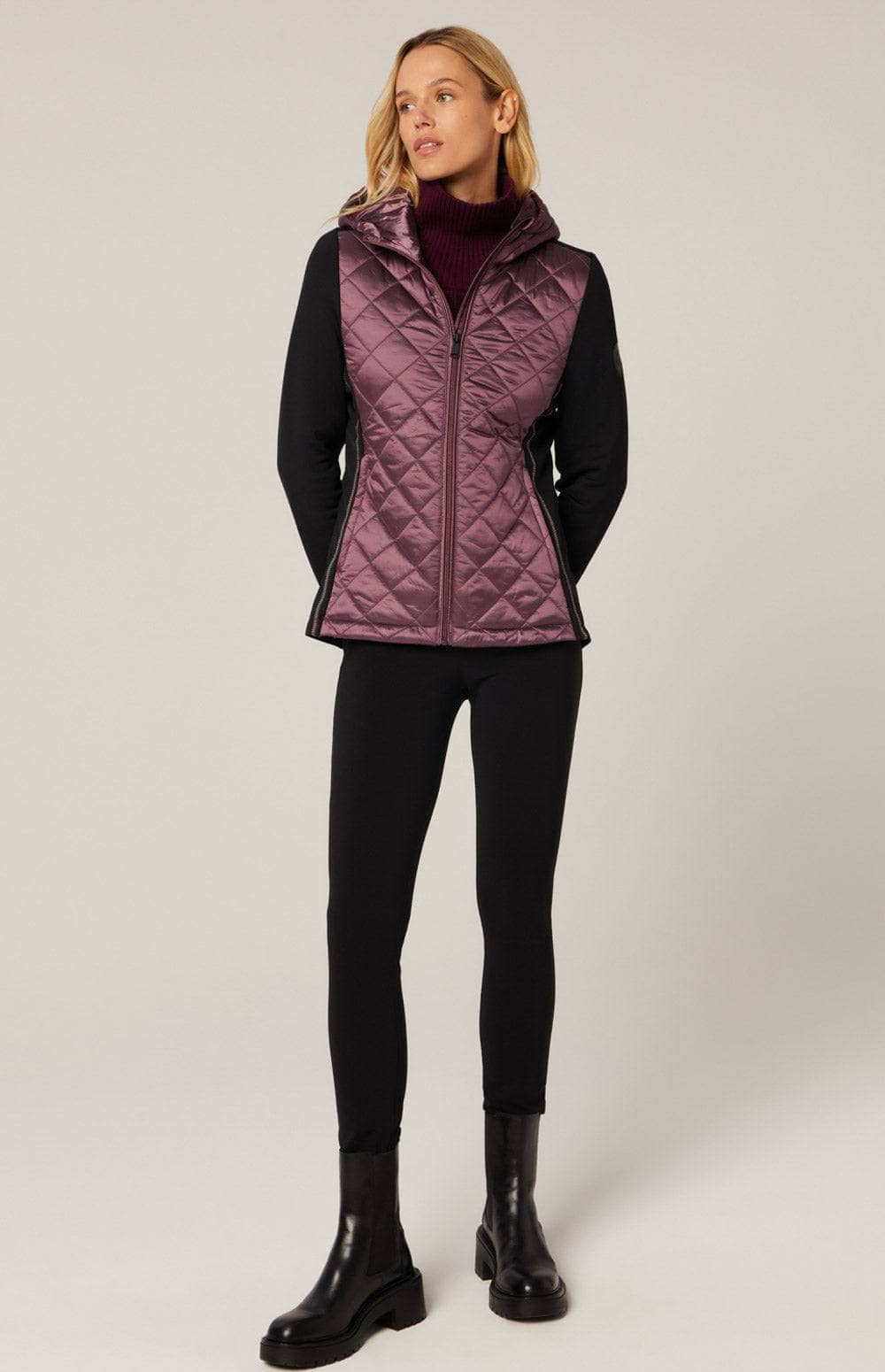 Meadow Hybrid Hoodie Jacket by Alp N Rock, Women's Black Jacket with Mauve Quilted Front and Hood