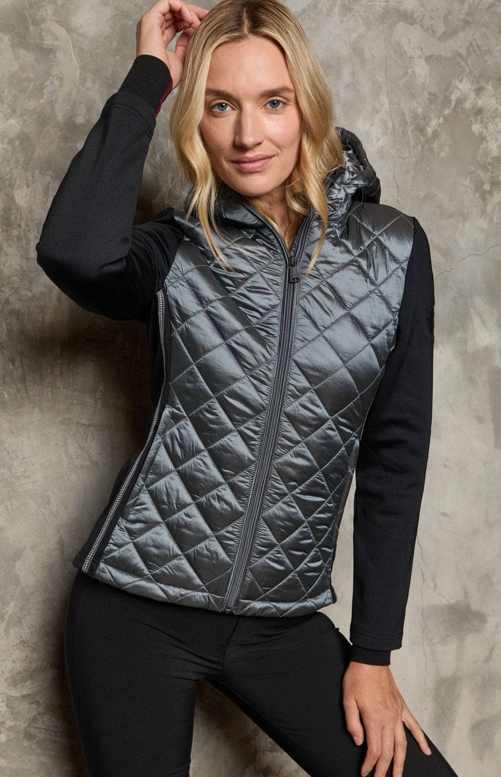 Meadow Hybrid Hoodie Jacket by Alp N Rock, Women's Black Jacket with Grey Quilted Front and Hood