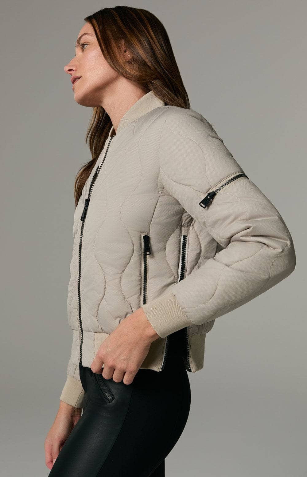 Metro Bomber Jacket by Alp N Rock, Women's Stone Bomber Jacket With Quilting and Zipper Pockets