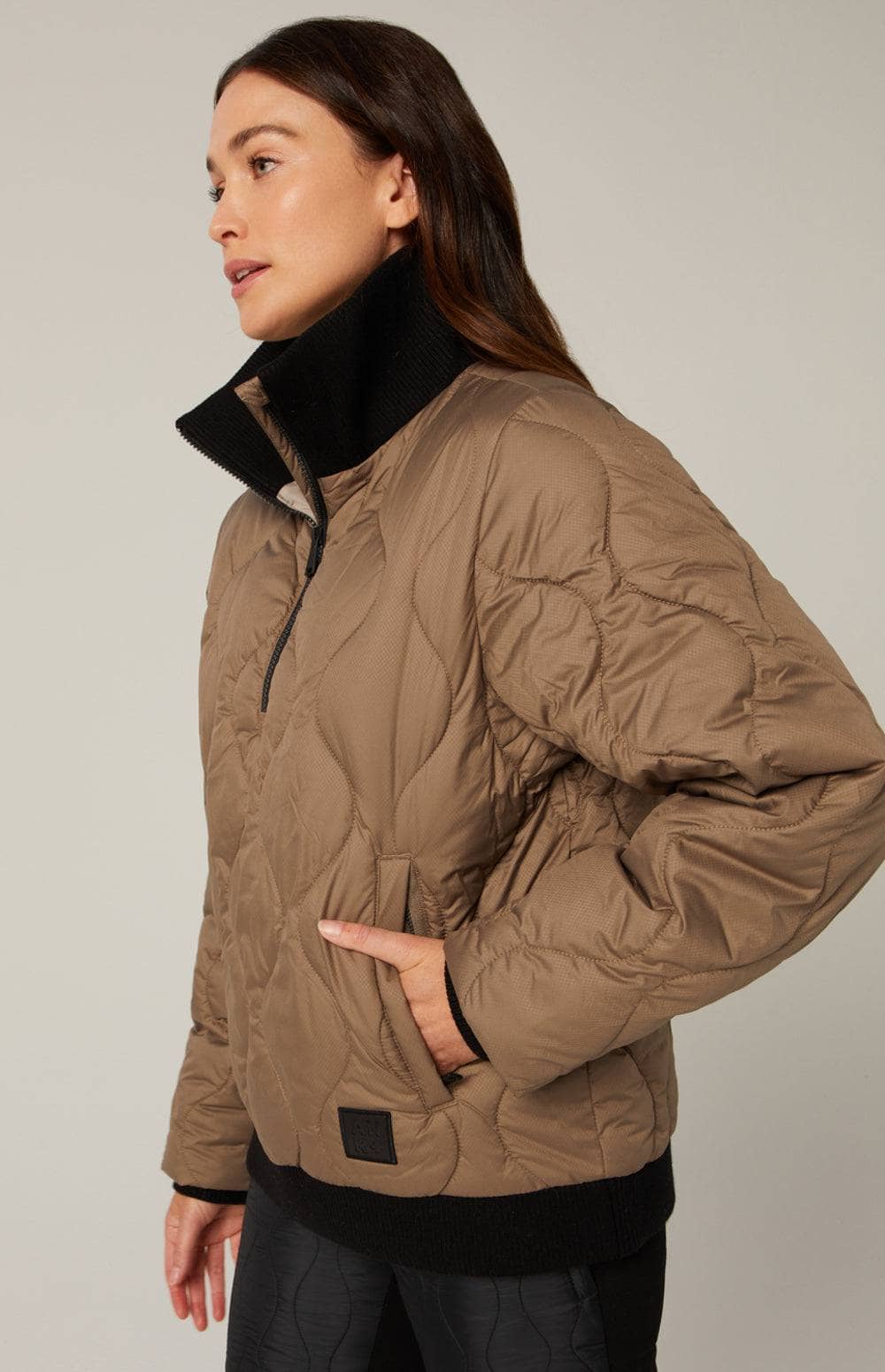 Nelly 1/2 Zip Pullover Jacket by Alp N Rock, Women's Tan Jacket, Eco-Down Filling With Black Turtleneck