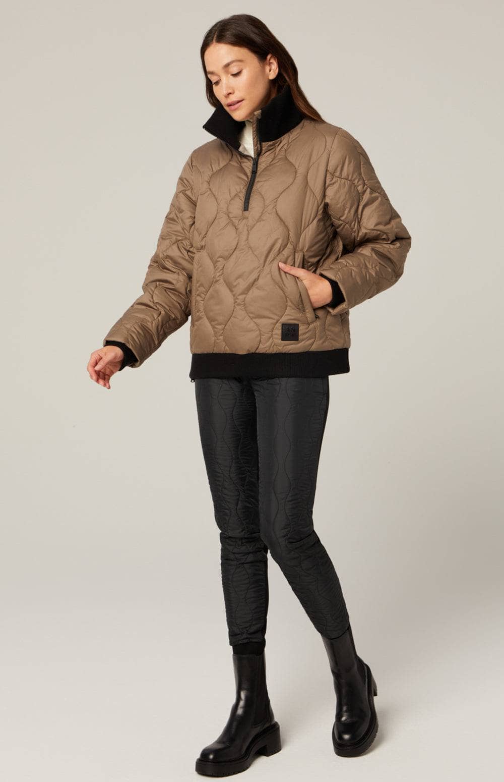 Nelly 1/2 Zip Pullover Jacket by Alp N Rock, Women's Tan Jacket, Eco-Down Filling With Black Turtleneck