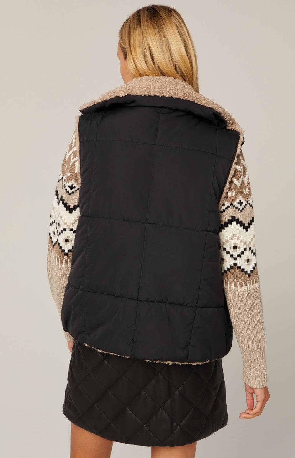 Sonja Reversible Vest by Alp N Rock, Women's Black Vest With Tan Shearling Inside, Zip Front and Pockets