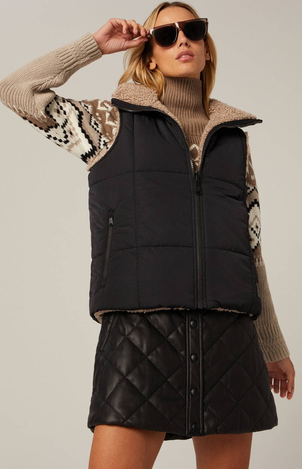 Sonja Reversible Vest by Alp N Rock, Women's Black Vest With Tan Shearling Inside, Zip Front and Pockets