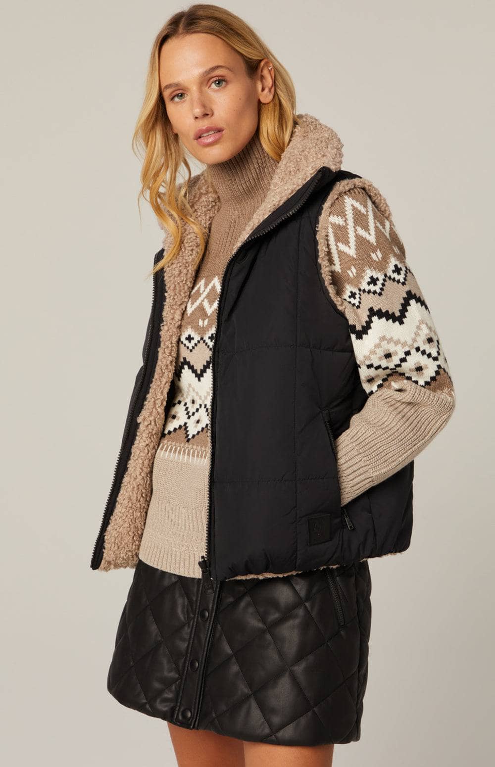 Sonja Reversible Vest by Alp N Rock, Women's Black Vest With Tan Shearling Inside, Zip Front and Pockets