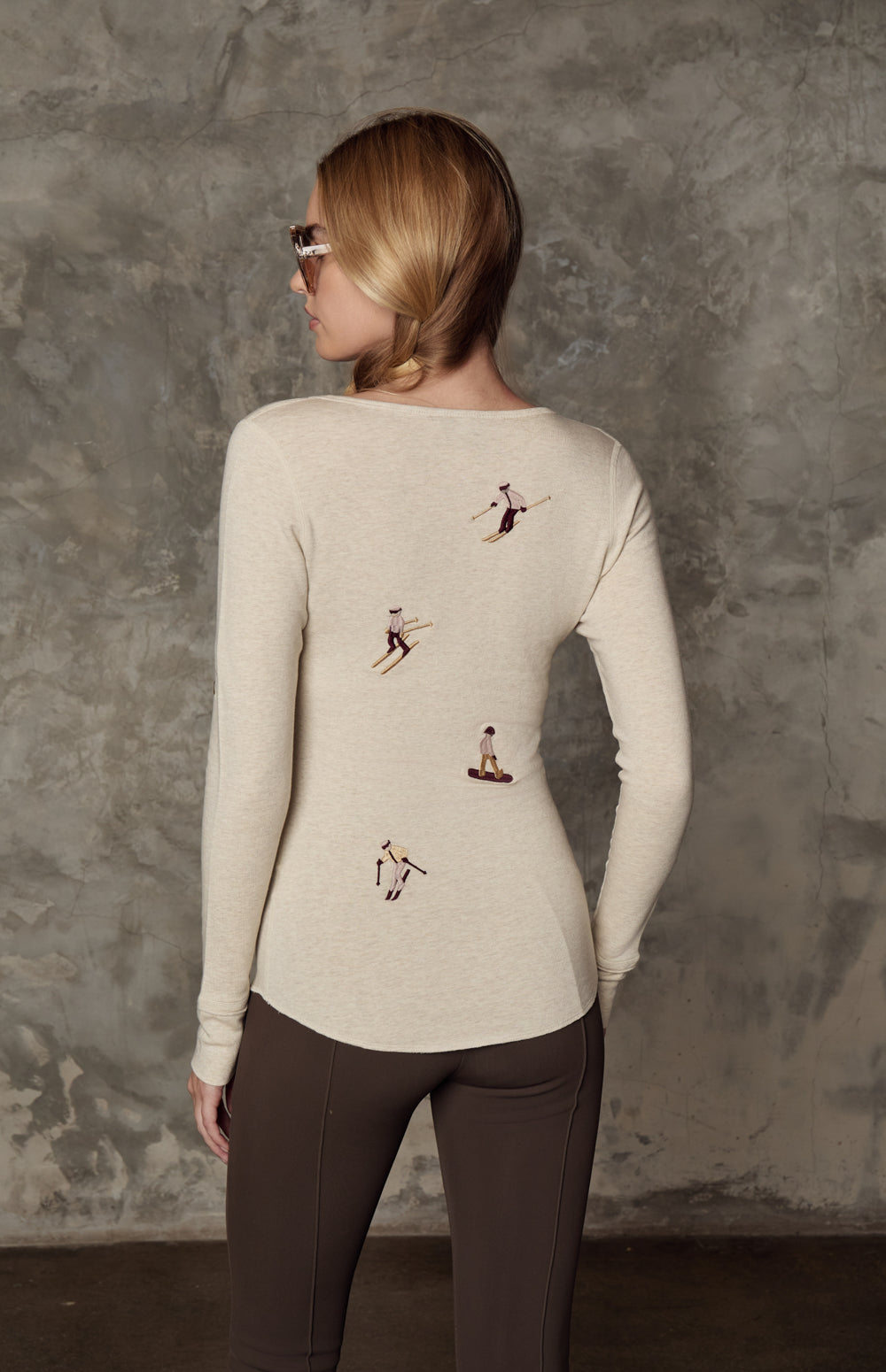 Alp N Rock Slope Henley Shirt, ivory henley shirt for women with embroidered skiers all over