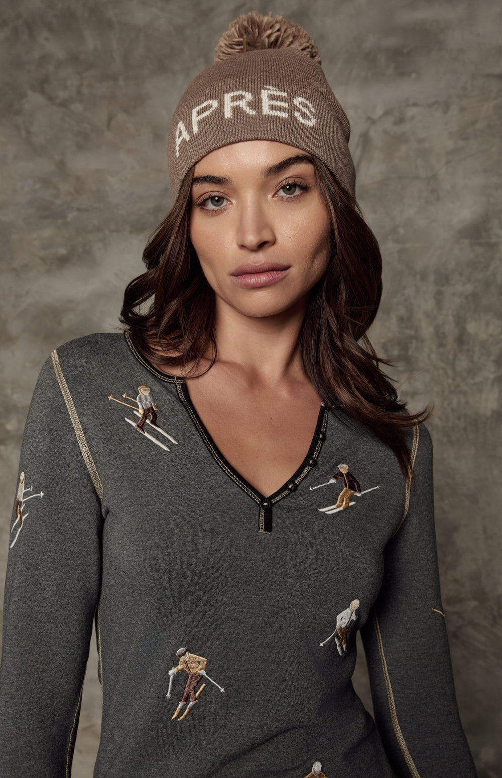 Alp N Rock Slope Henley Shirt, heather grey longsleeve henley shirt for women with embroidered skiers on the front