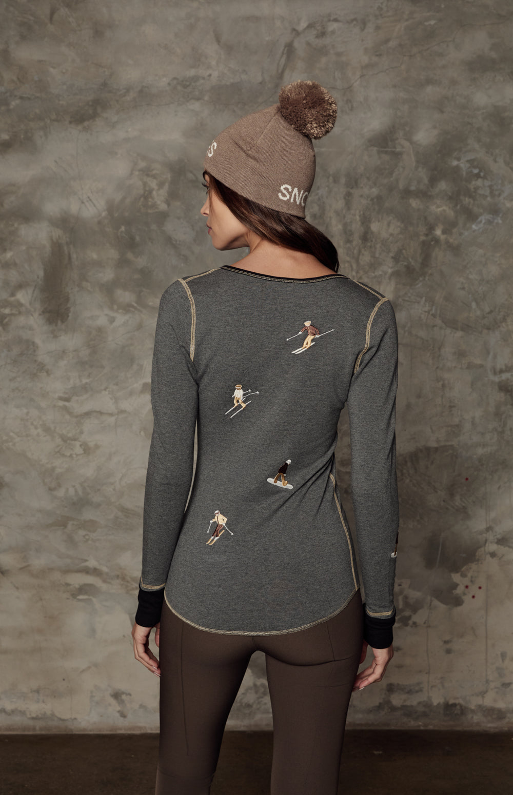 Alp N Rock Slope Henley Shirt, heather grey longsleeve henley shirt for women with embroidered skiers on the front