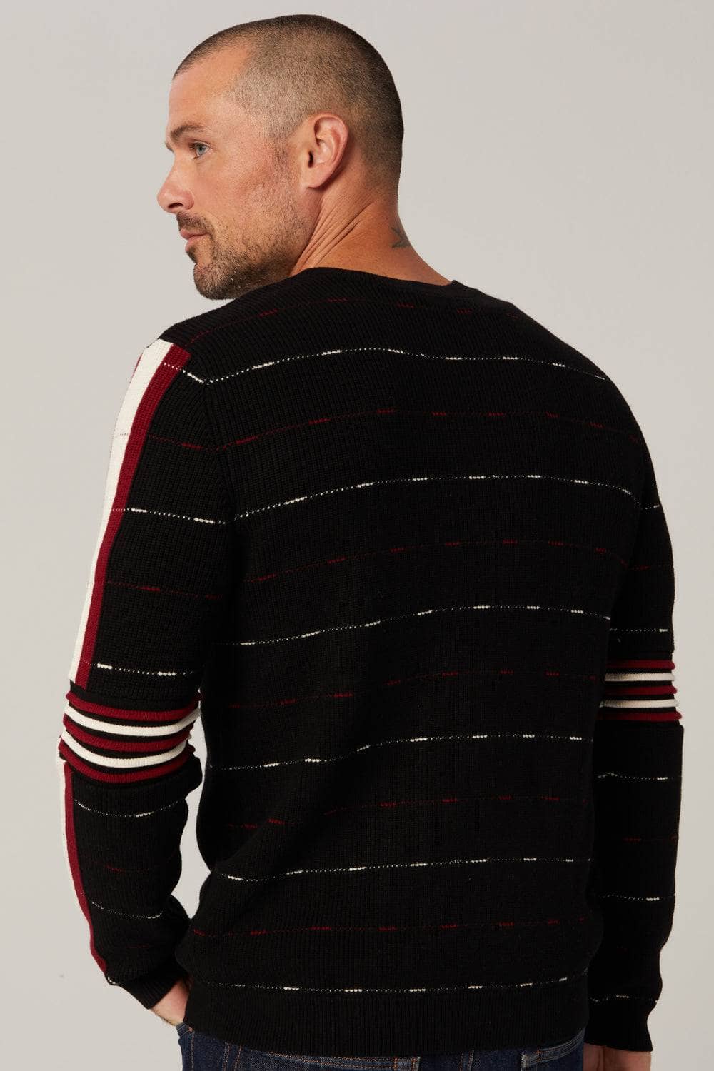 Adam Crew Neck Sweater by Alp N Rock, Men's Black Sweater with Red and White Stripes On the Arms and Chest