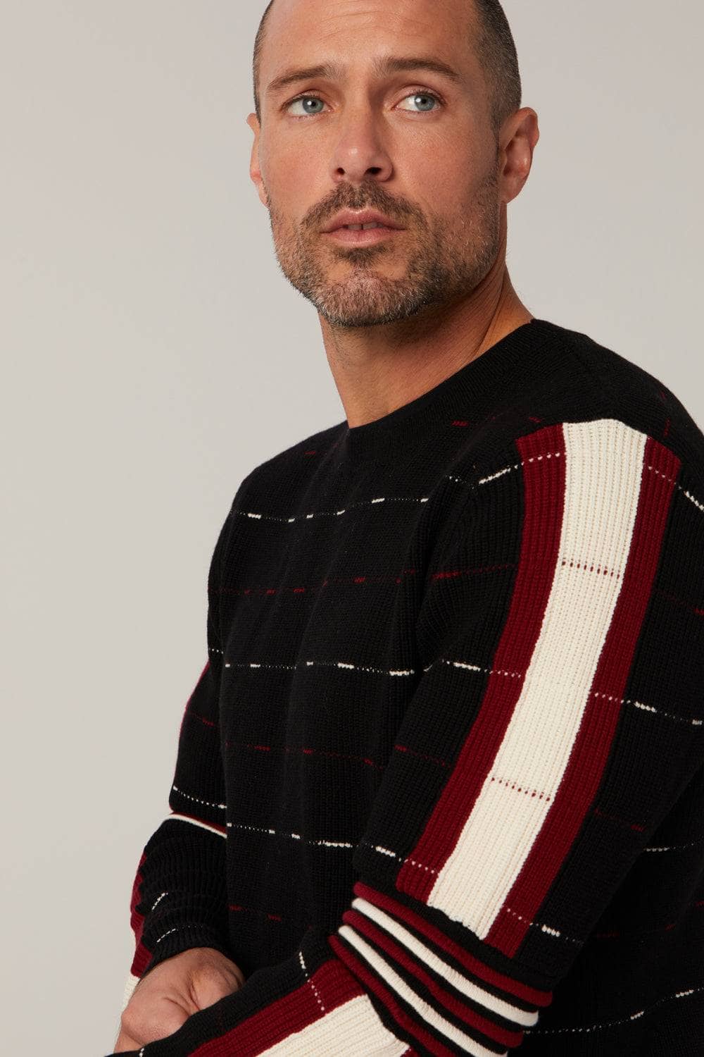 Adam Crew Neck Sweater by Alp N Rock, Men's Black Sweater with Red and White Stripes On the Arms and Chest