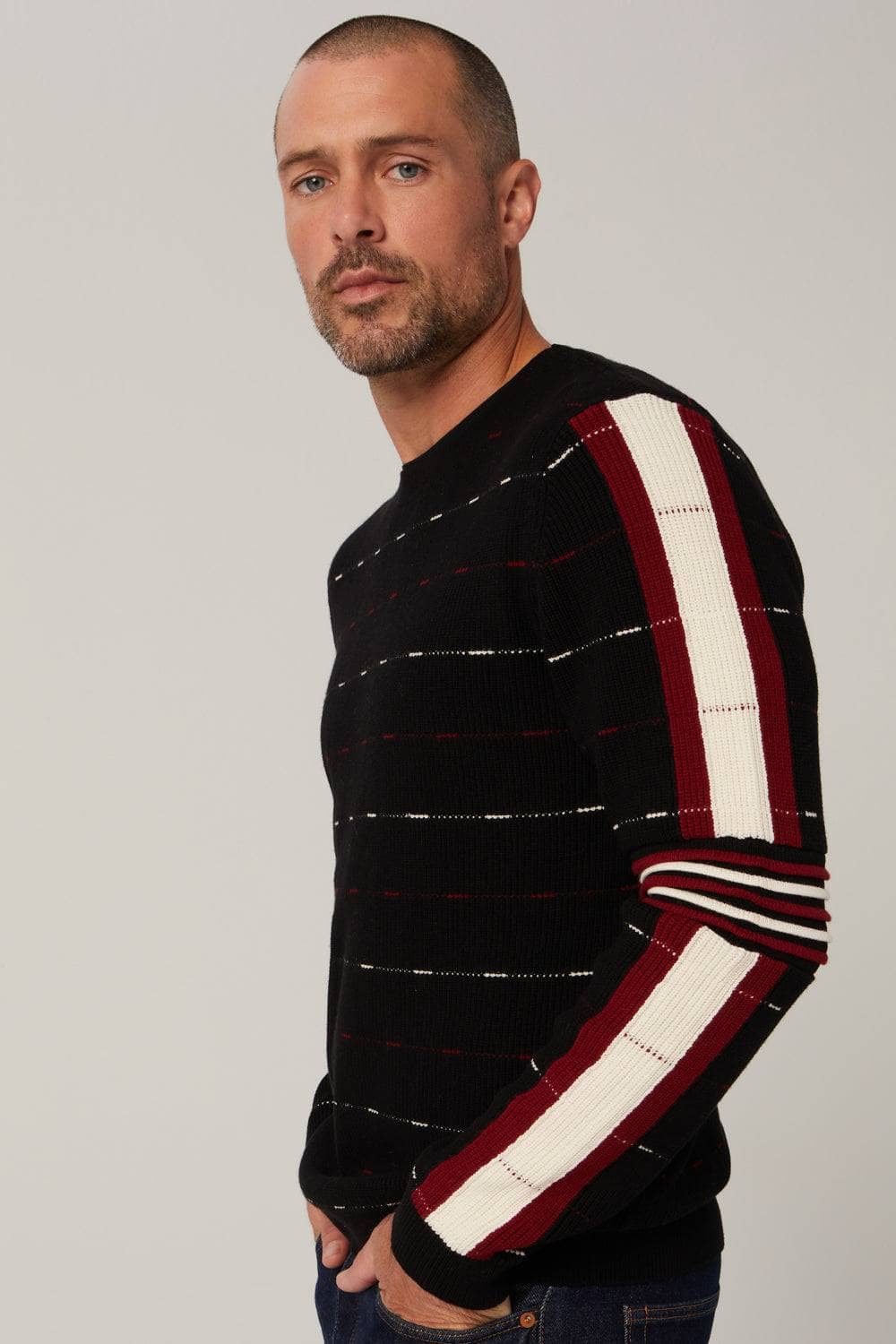 Adam Crew Neck Sweater by Alp N Rock, Men's Black Sweater with Red and White Stripes On the Arms and Chest