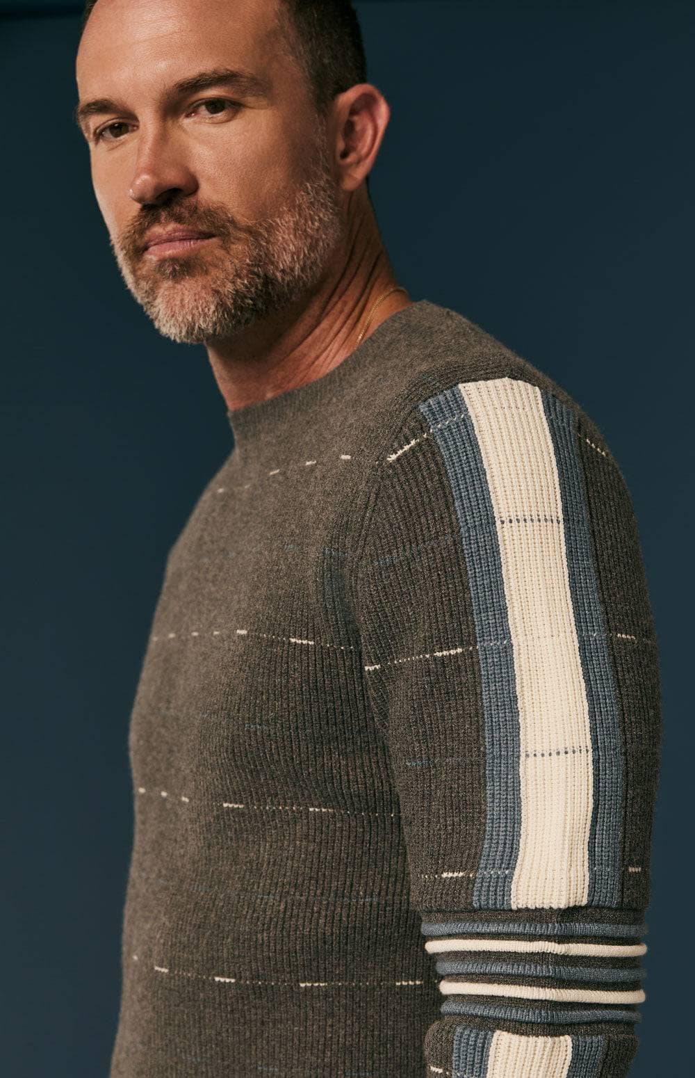 Adam Crew Neck Sweater by Alp N Rock, Men's Heather Grey Ski Sweater with Blue and White Stripes