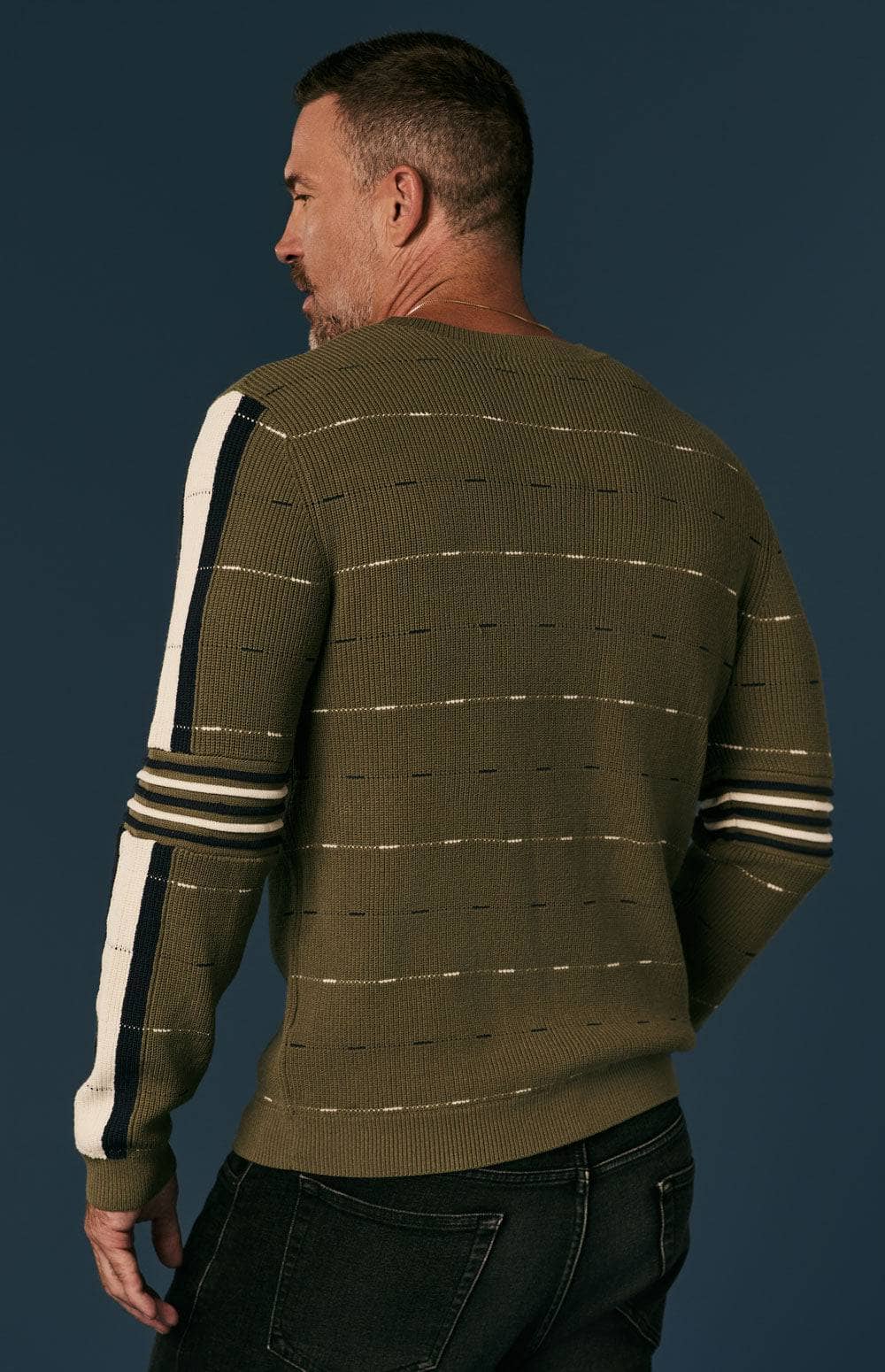 Adam Crew Neck Sweater by Alp N Rock, Men's Green Sweater with Black and White Stripes On the Arms and Chest