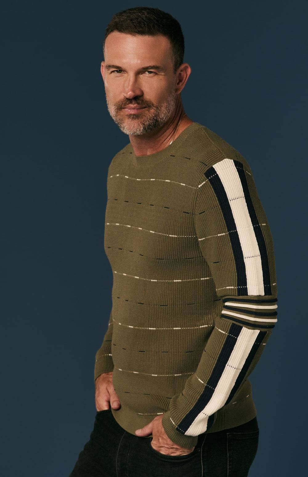 Adam Crew Neck Sweater by Alp N Rock, Men's Green Sweater with Black and White Stripes On the Arms and Chest