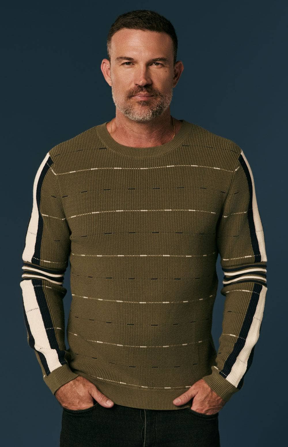 Adam Crew Neck Sweater by Alp N Rock, Men's Green Sweater with Black and White Stripes On the Arms and Chest