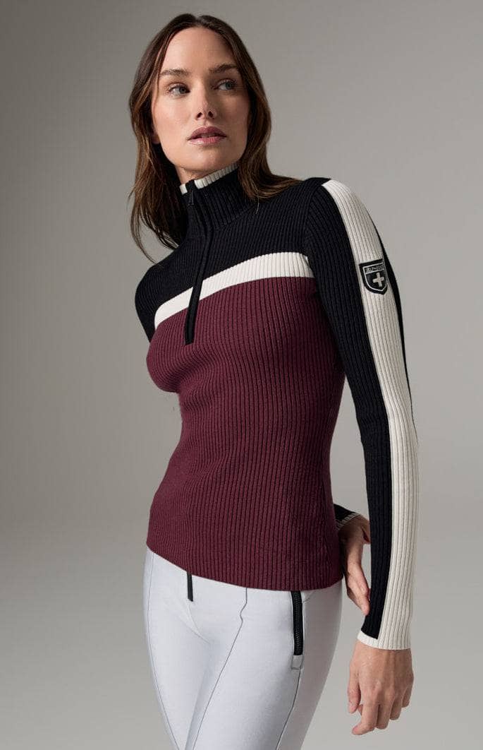 Ali 1/2 Zip Sweater by Alp N Rock, Women's Burgundy, White, and Black Ribbed Sweater with Half Zip