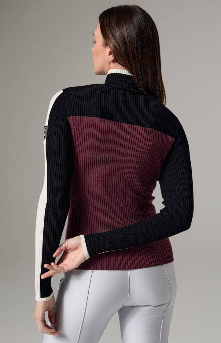 Ali 1/2 Zip Sweater by Alp N Rock, Women's Burgundy, White, and Black Ribbed Sweater with Half Zip