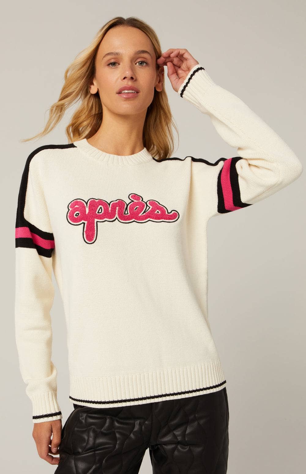 Apres Ski Crew Neck Sweater by Alp N Rock, Women's Ski Sweater In Ivory With Pink Apres Patch On Front