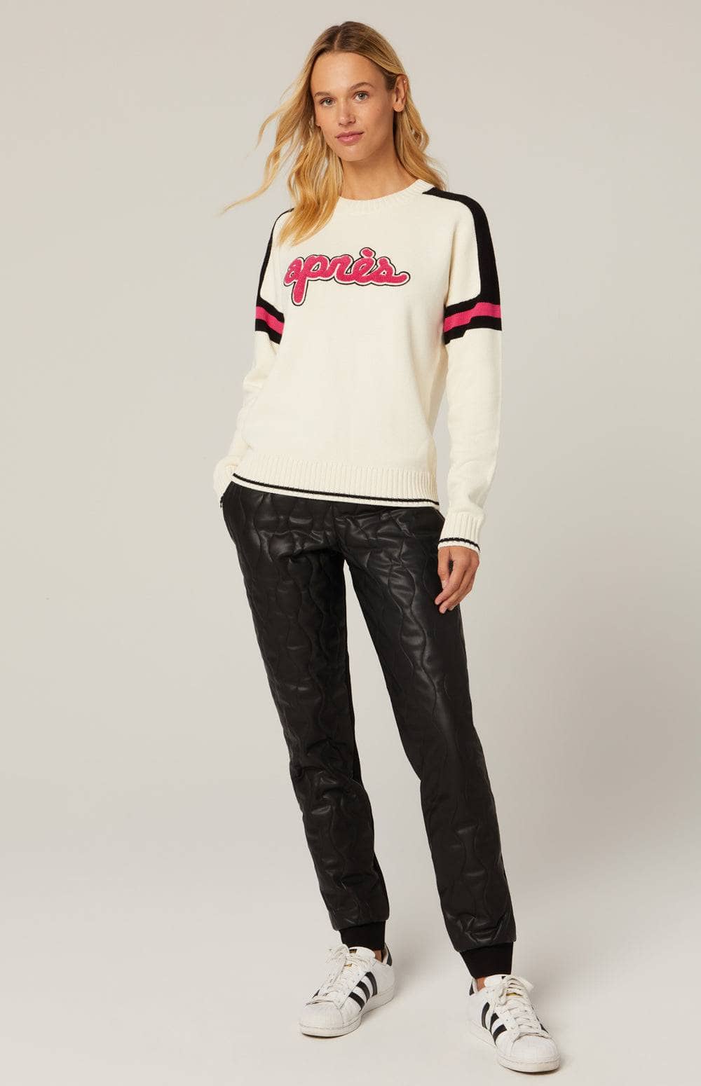 Apres Ski Crew Neck Sweater by Alp N Rock, Women's Ski Sweater In Ivory With Pink Apres Patch On Front