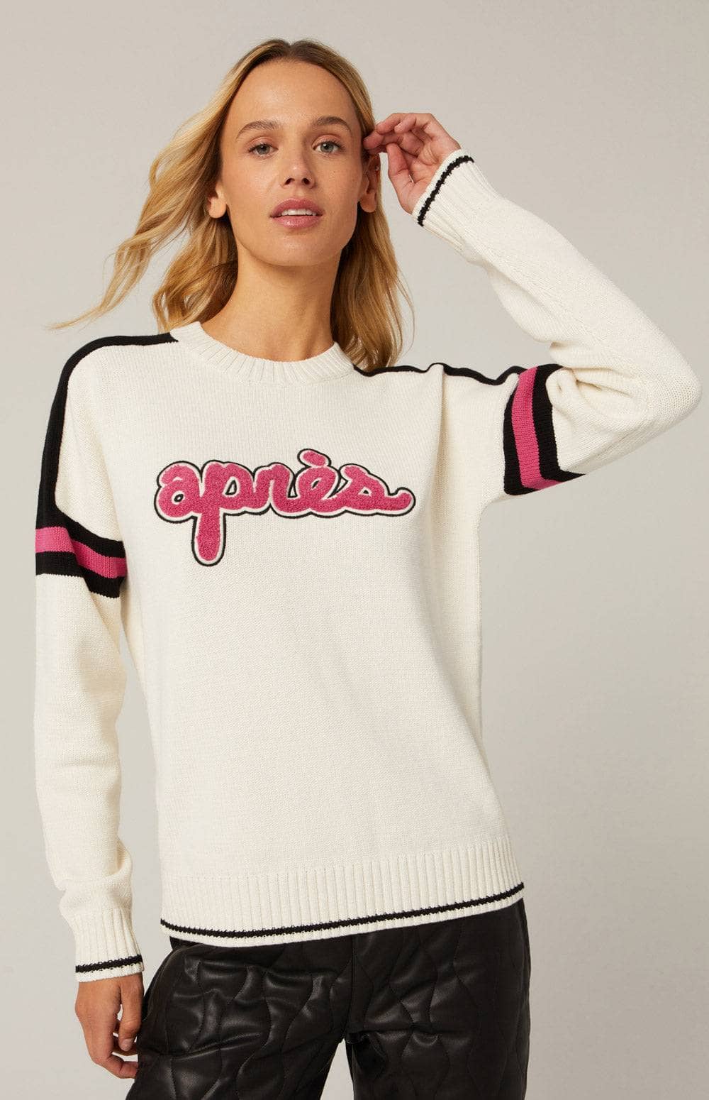 Apres Ski Sweater by Alp N Rock, Women's Cream Apres Ski Sweater with Pink Apres Lettering on Chest