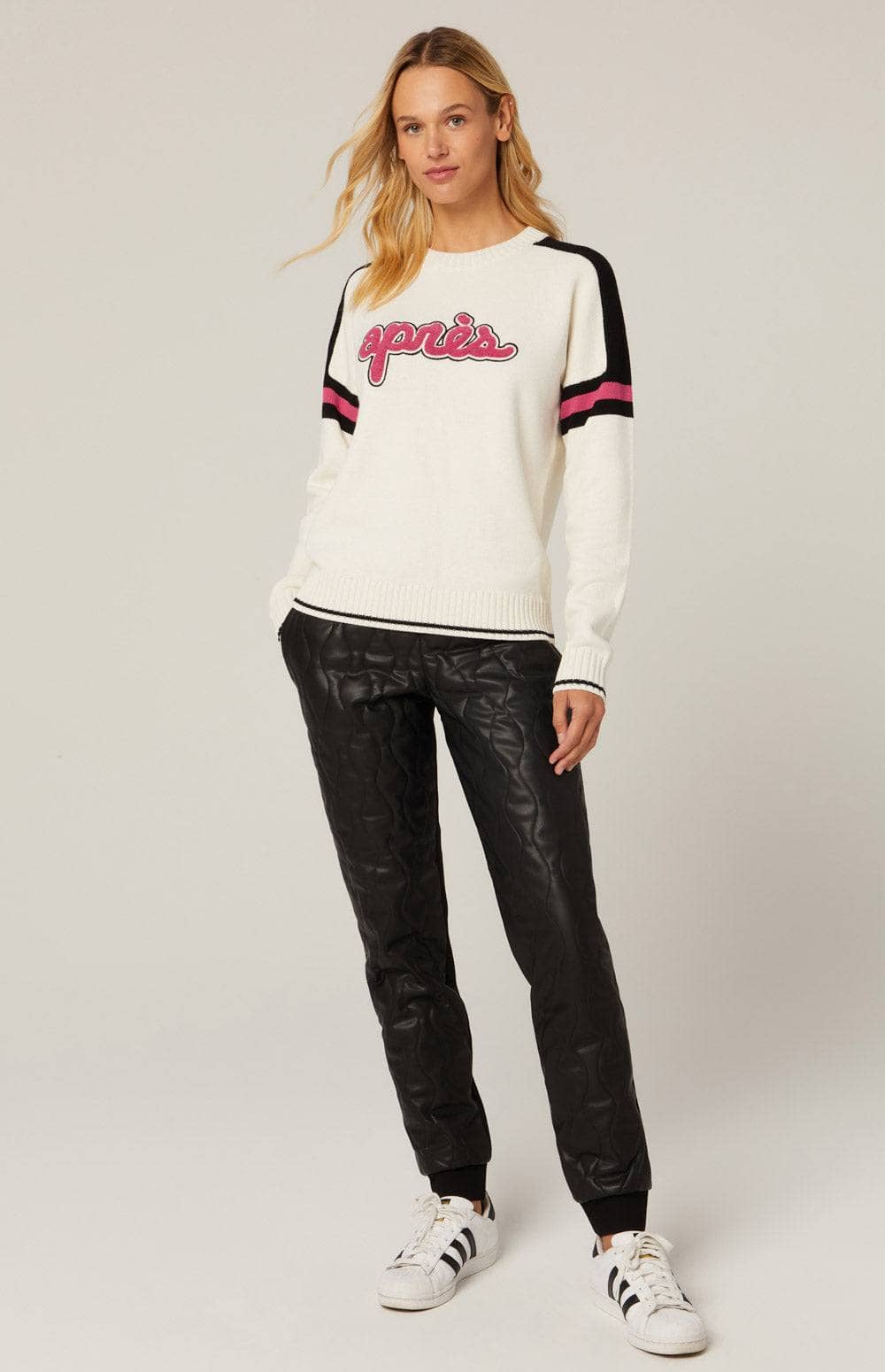 Apres Ski Sweater by Alp N Rock, Women's Cream Apres Ski Sweater with Pink Apres Lettering on Chest