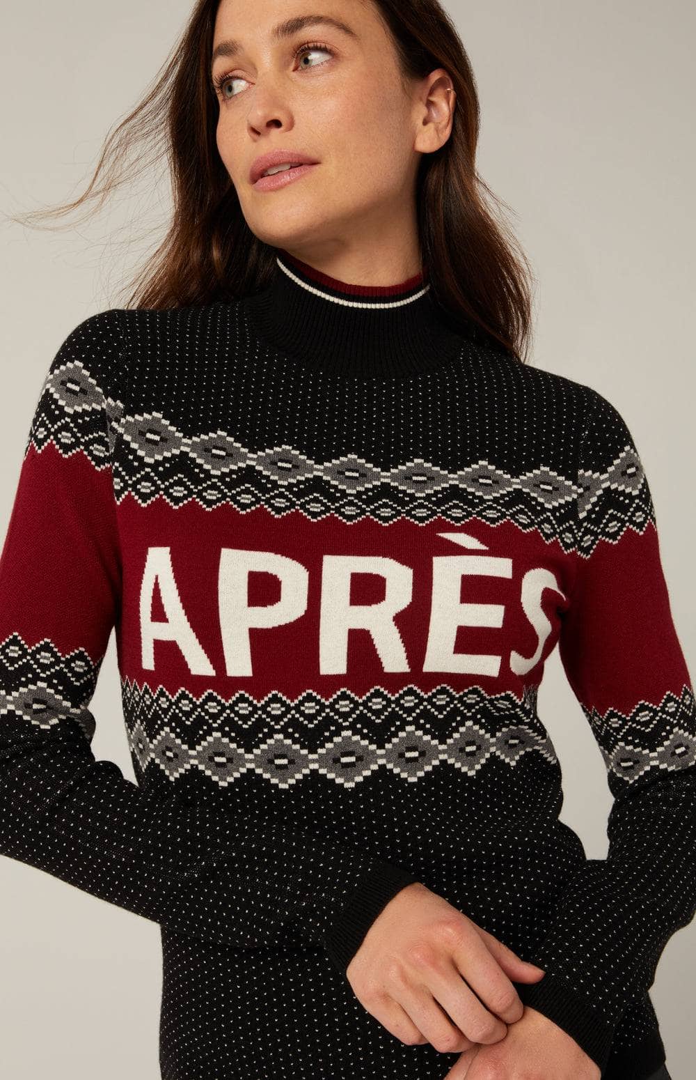 Aurora Mock Neck Sweater by Alp N Rock, Women's Black and Red Apres Ski Sweater with Fair Isle Design and Apres Lettering on Front