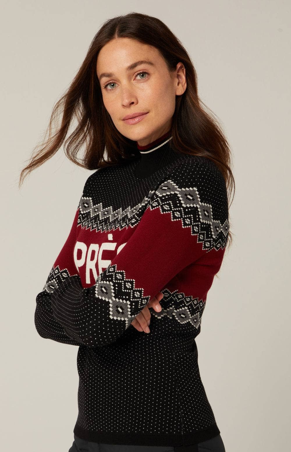 Aurora Mock Neck Sweater by Alp N Rock, Women's Black and Red Apres Ski Sweater with Fair Isle Design and Apres Lettering on Front