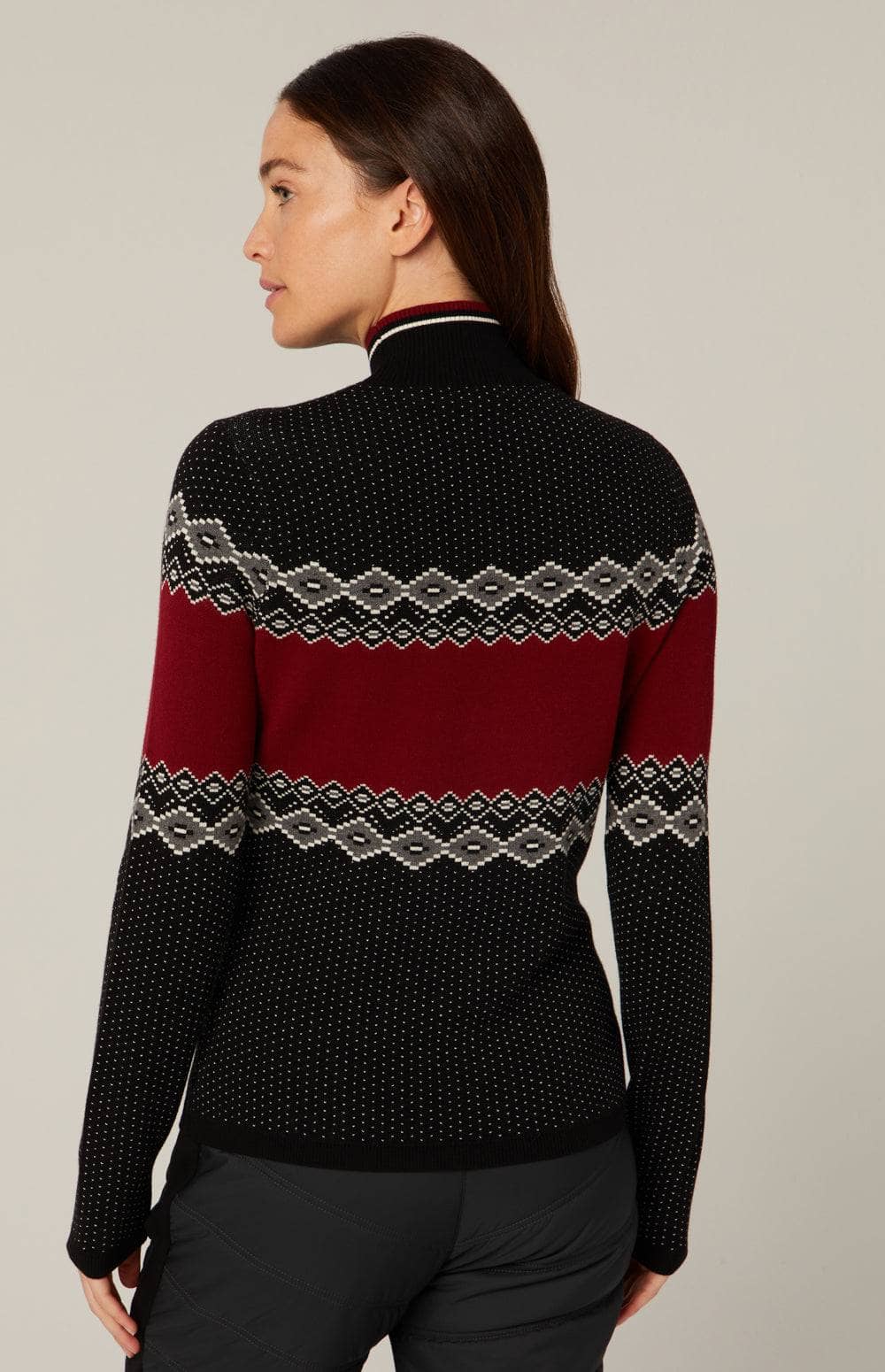 Aurora Mock Neck Sweater by Alp N Rock, Women's Black and Red Apres Ski Sweater with Fair Isle Design and Apres Lettering on Front