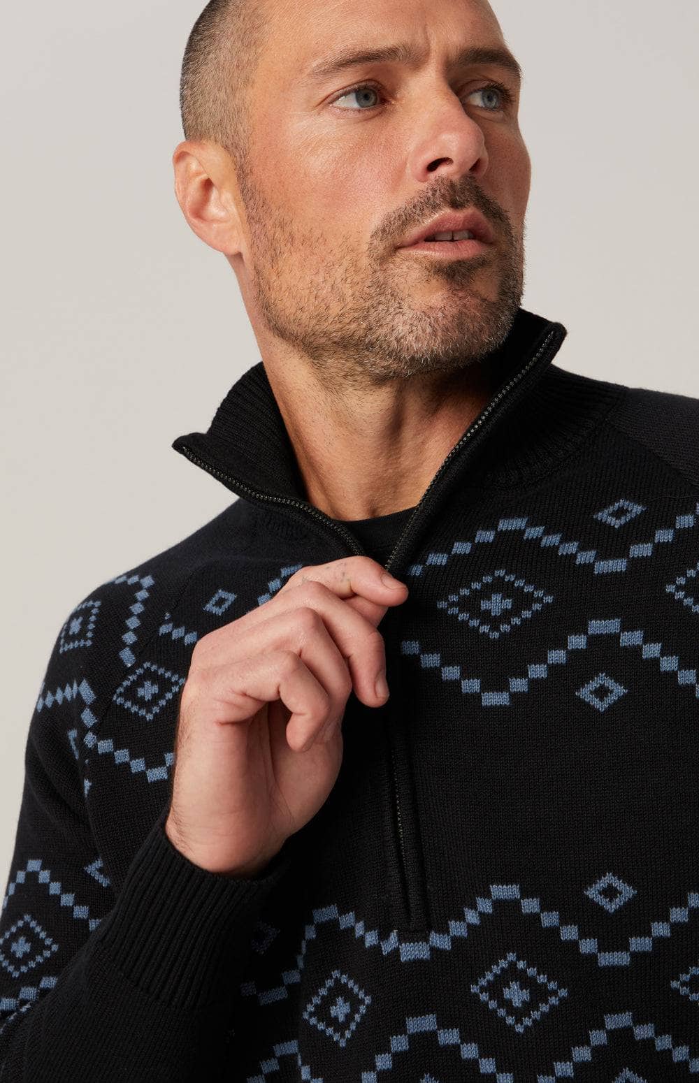 Brody 1/2 Zip Sweater by Alp N Rock, Men's Black Sweater with Blue Geometric Pattern and Half Zip