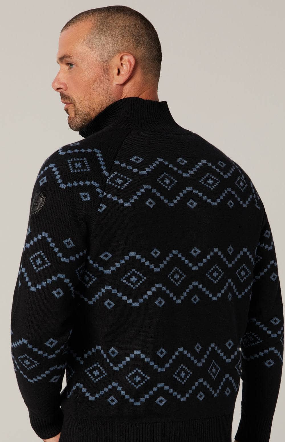 Brody 1/2 Zip Sweater by Alp N Rock, Men's Black Sweater with Blue Geometric Pattern and Half Zip