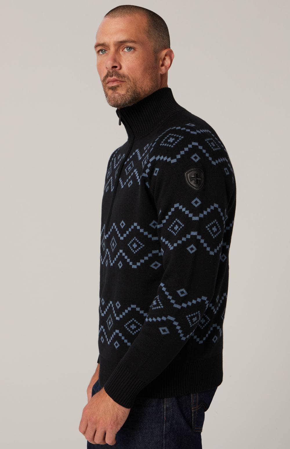 Brody 1/2 Zip Sweater by Alp N Rock, Men's Black Sweater with Blue Geometric Pattern and Half Zip