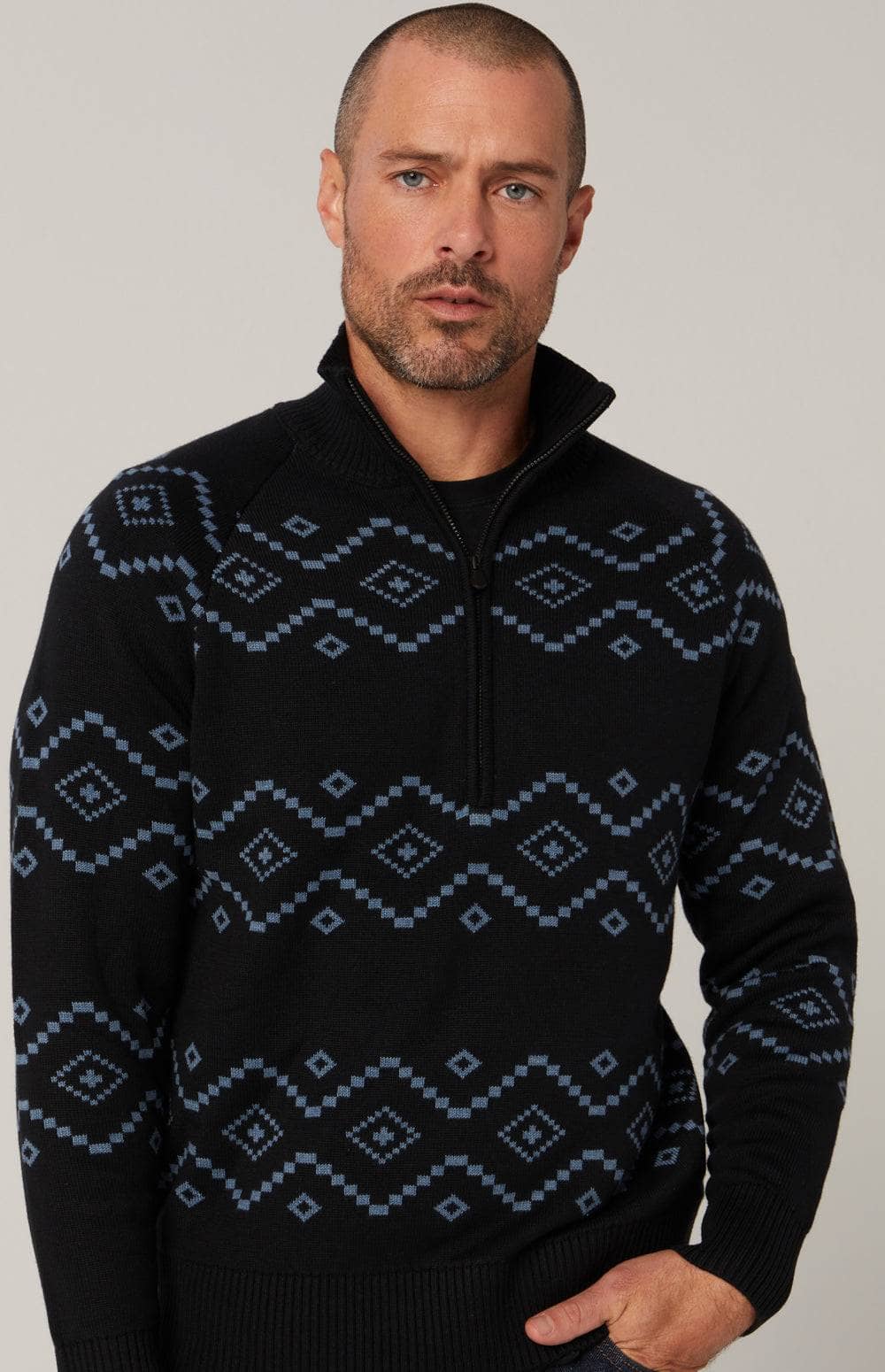 Brody 1/2 Zip Sweater by Alp N Rock, Men's Black Sweater with Blue Geometric Pattern and Half Zip