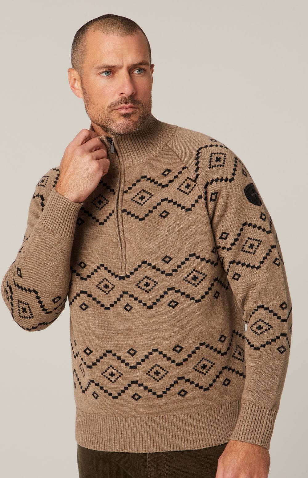 Brody 1/2 Zip Sweater by Alp N Rock, Men's Brown Sweater with Black Geometric Pattern and Half Zip