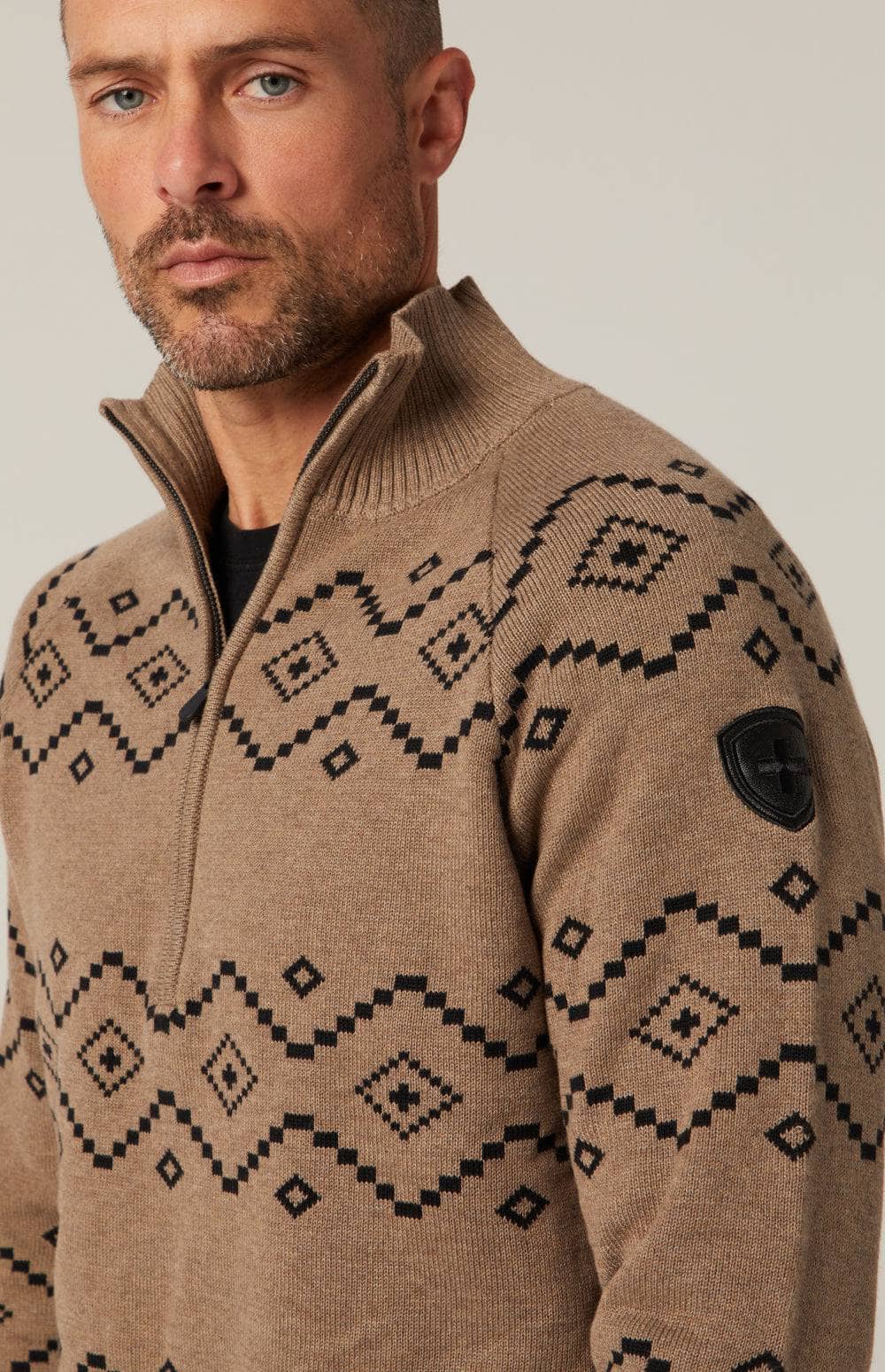 Brody 1/2 Zip Sweater by Alp N Rock, Men's Brown Sweater with Black Geometric Pattern and Half Zip