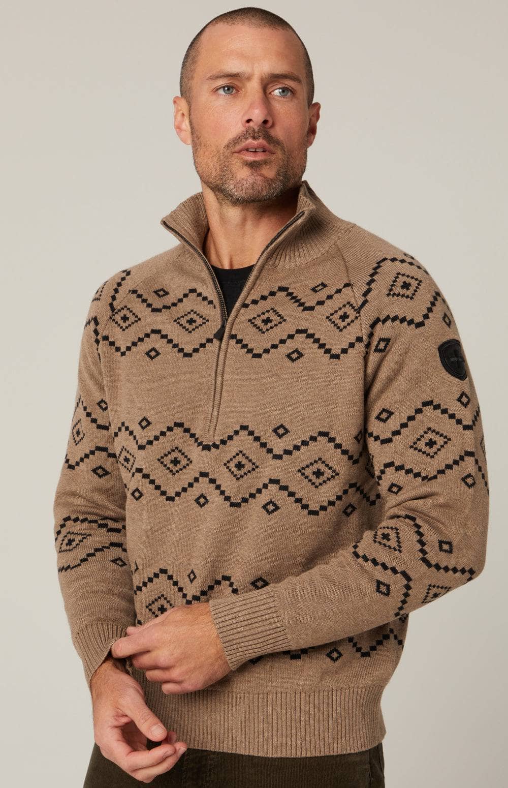 Brody 1/2 Zip Sweater by Alp N Rock, Men's Brown Sweater with Black Geometric Pattern and Half Zip