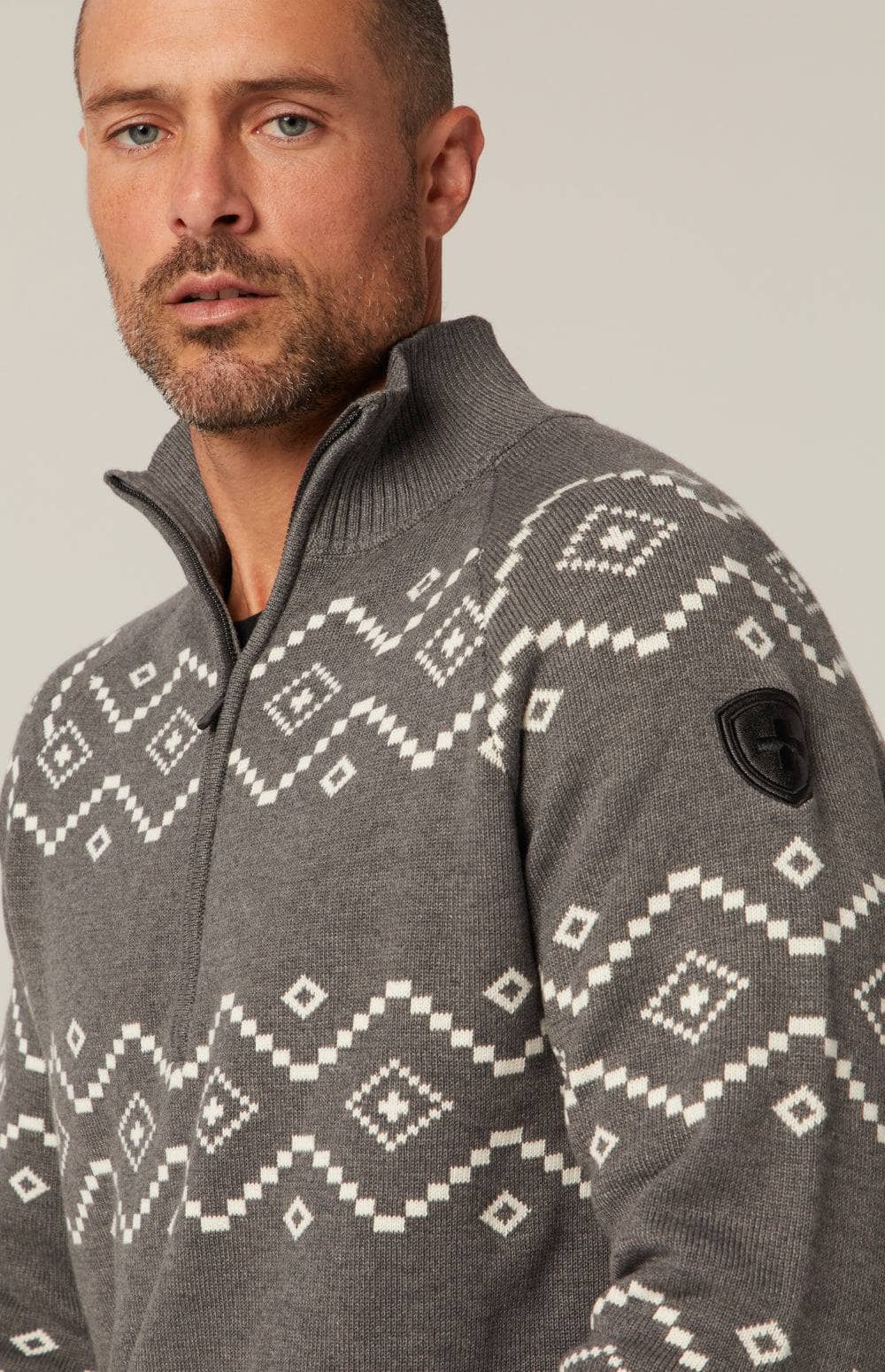 Brody 1/2 Zip Sweater by Alp N Rock, Men's Heather Grey Sweater with White Geometric Pattern and Half Zip