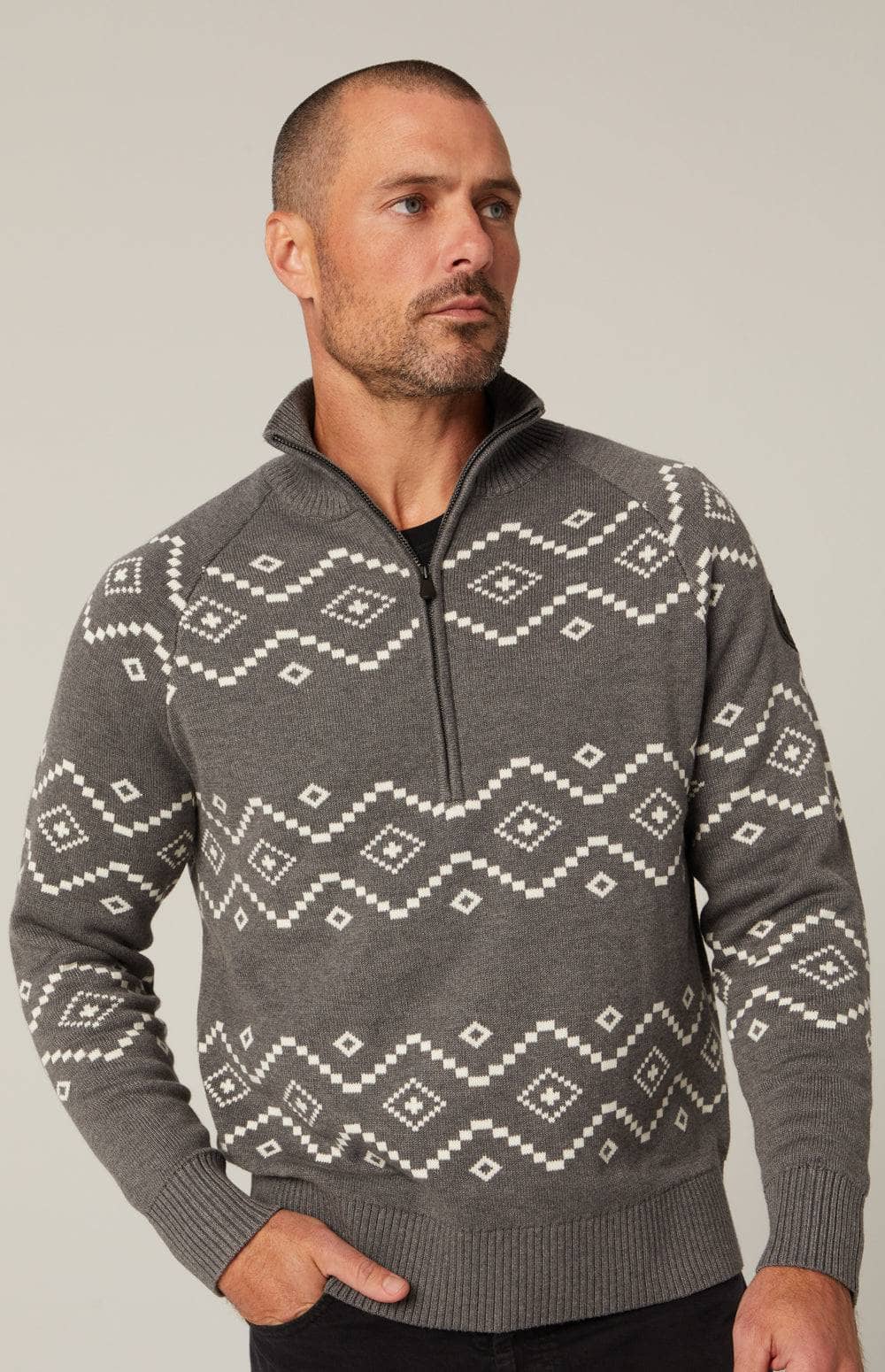 Brody 1/2 Zip Sweater by Alp N Rock, Men's Heather Grey Sweater with White Geometric Pattern and Half Zip