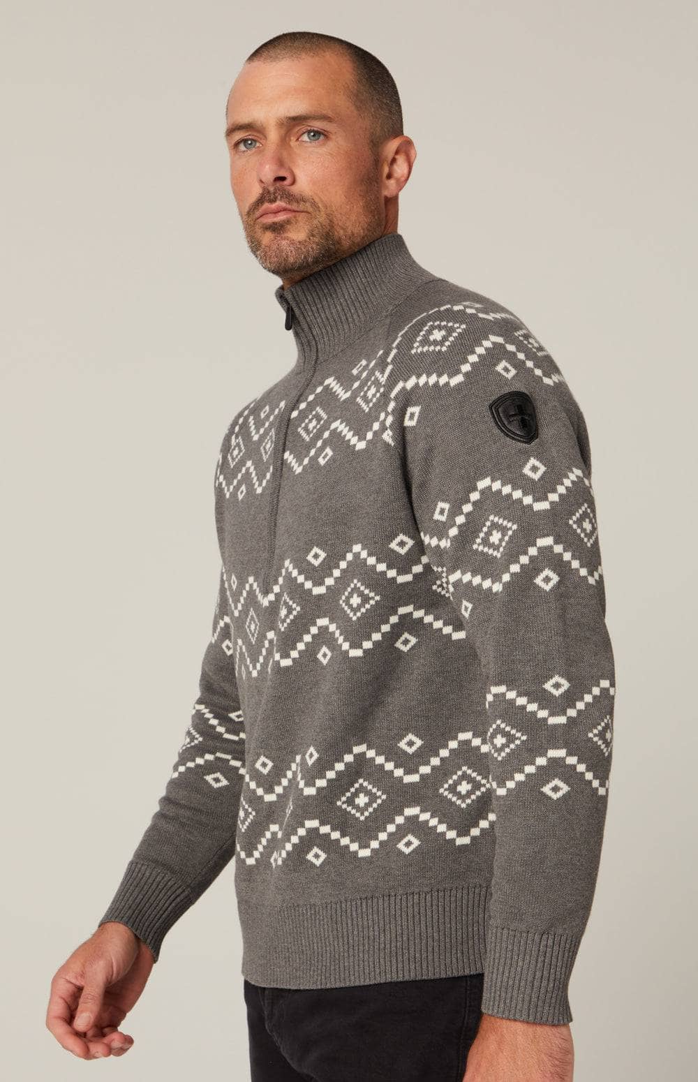 Brody 1/2 Zip Sweater by Alp N Rock, Men's Heather Grey Sweater with White Geometric Pattern and Half Zip