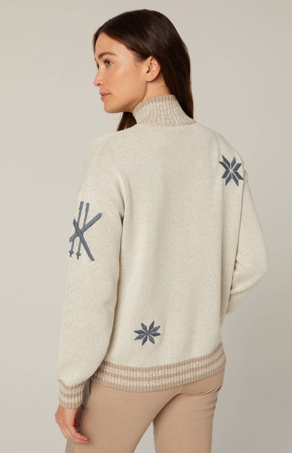 Devin Mock Neck Sweater by Alp N Rock, Women's Ivory Ski Sweater With Apres On Front and Embroidery