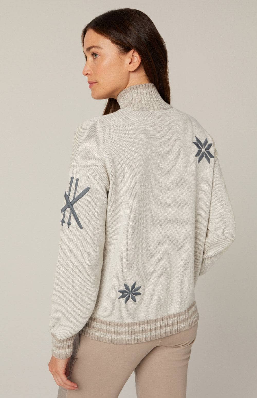 Devin Mock Neck Sweater by Alp N Rock, Women's Cream Ski Sweater with Grey Apres Lettering on Front