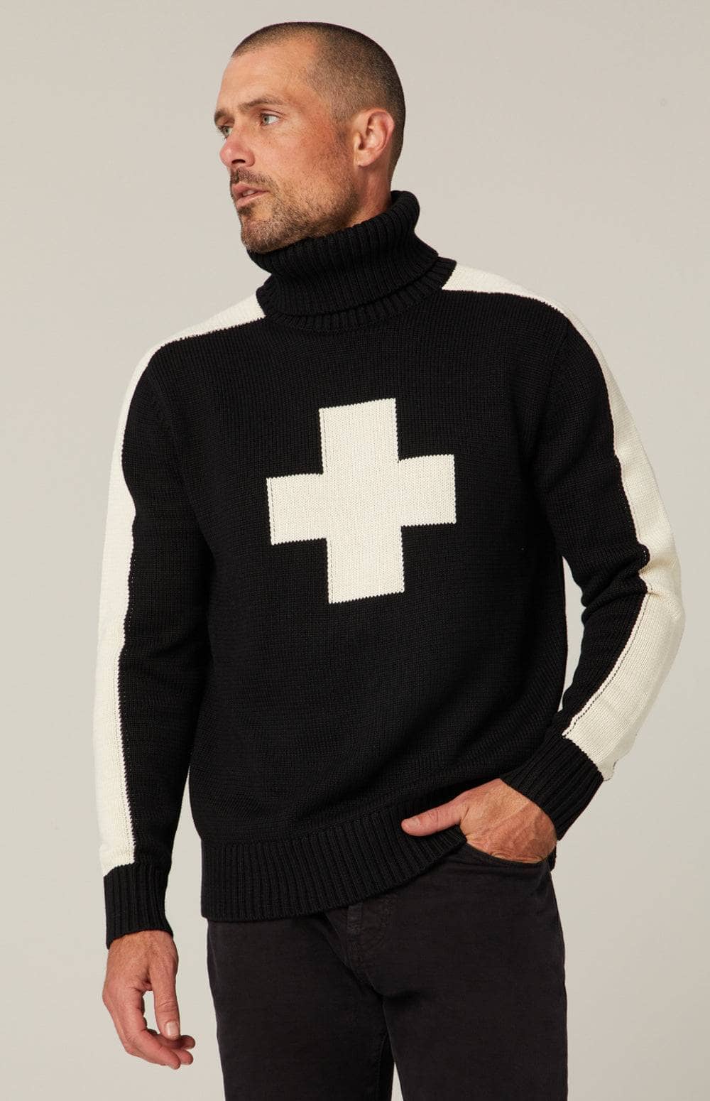 Elias Turtle Neck Sweater by Alp N Rock, Men's Black Turtle Neck Sweater With White Stripes on Arm and Cross on Front