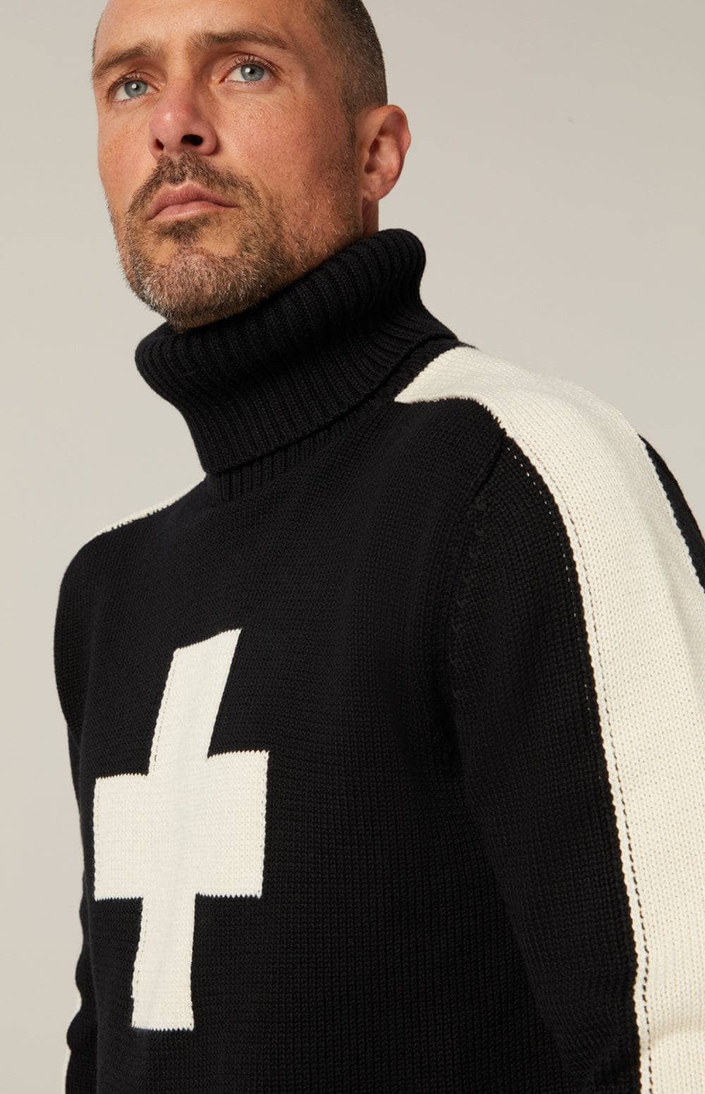 Elias Turtle Neck Sweater by Alp N Rock, Men's Black Turtle Neck Sweater With White Stripes on Arm and Cross on Front